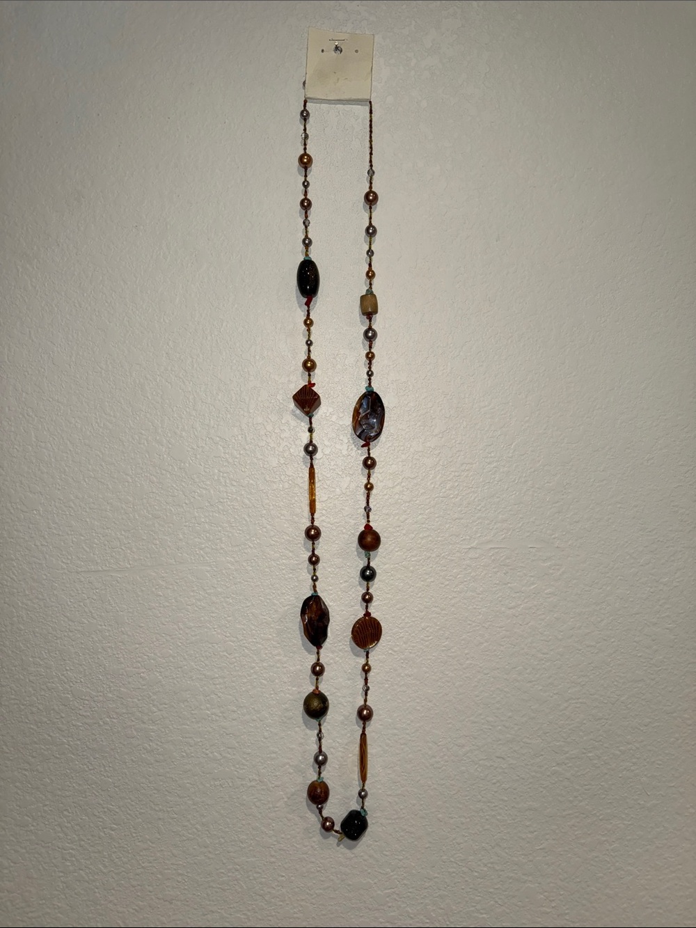 50 inch mixed beaded Long Necklace in Brown and Gold Tones blues and sparkles